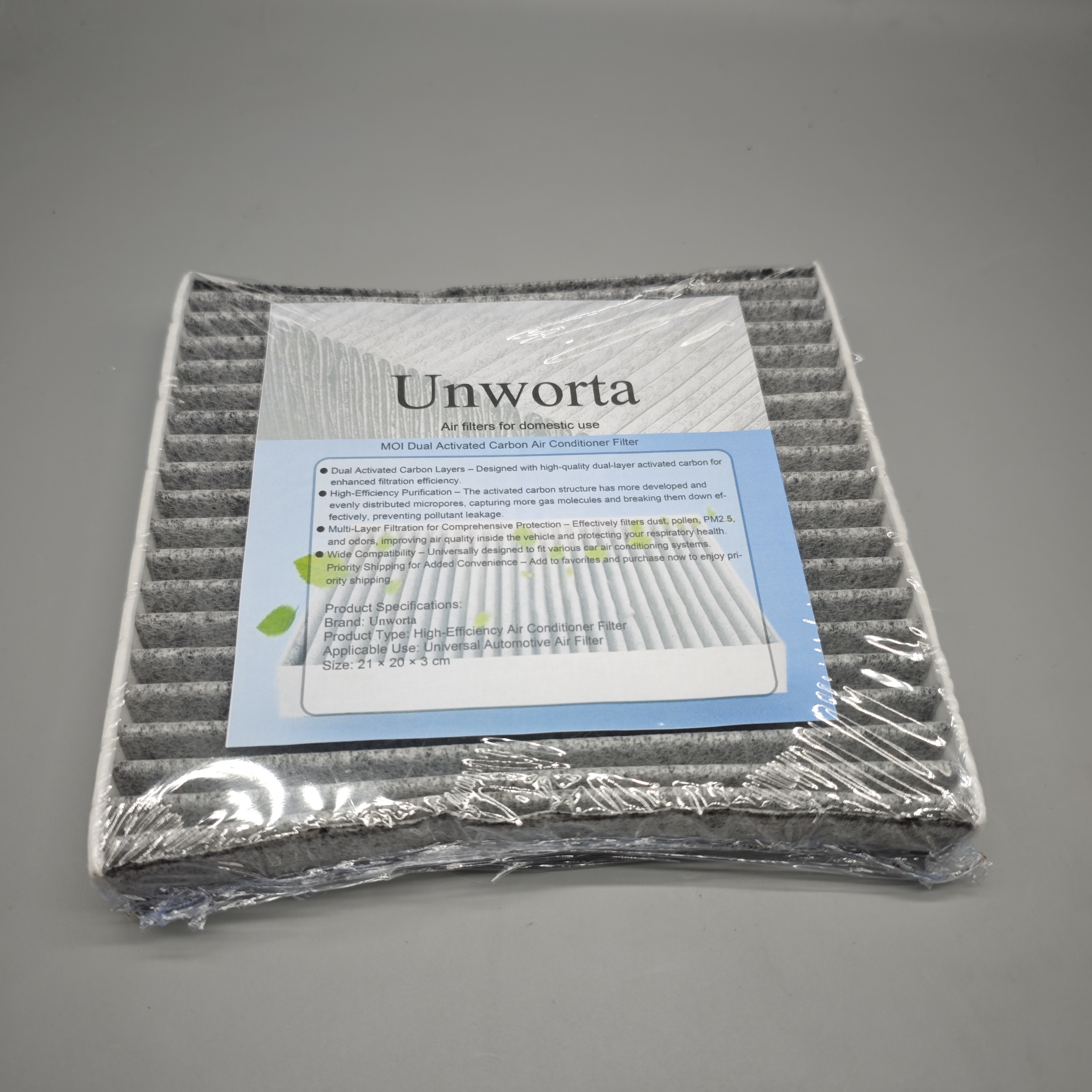 Unworta Air Filter for Domestic Use – Dual Layer Activated Carbon, Multi-Layer Purification, Universal Fit for AC Systems, 21x20x3 cm